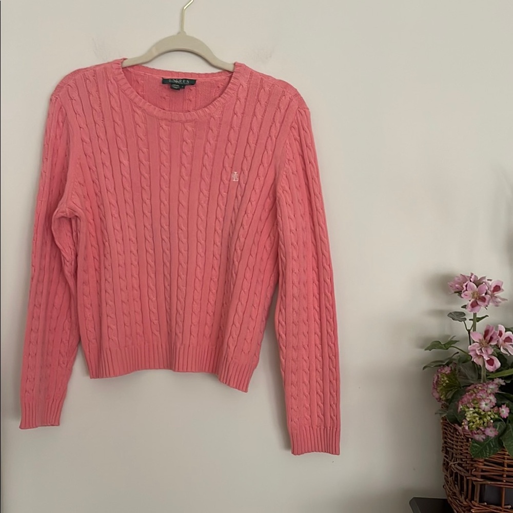 Lauren Ralph Lauren Pink Cropped Cable Knit Crew Neck Sweater made in Hong Kong - Picture 2 of 9